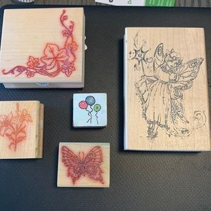 Wooden rubber stamps - outdoor themed - Fairy Flowers Leaves Butterfly Balloons